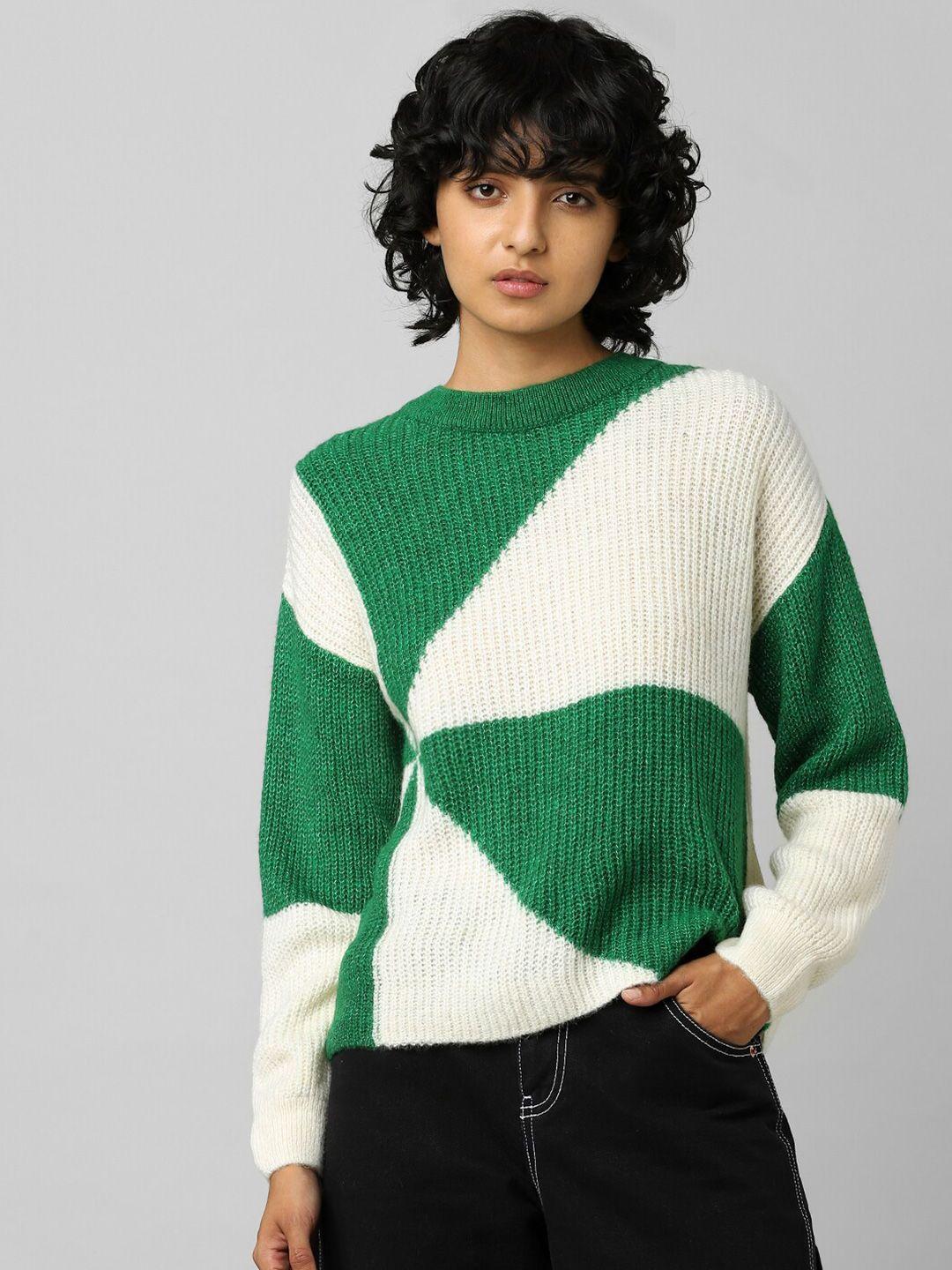 only-women-off-white-&-green-colourblocked-pullover