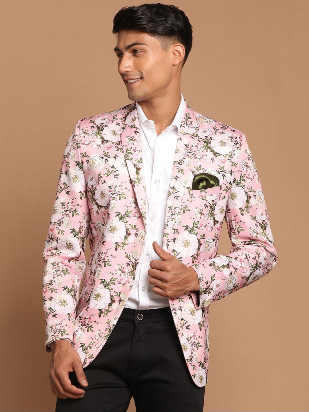vastramay-men-pink-floral-printed-satin-single-breasted-blazer