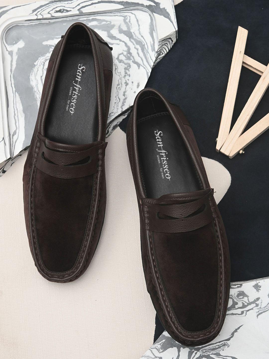 san-frissco-men-brown-colourblocked-suede-loafers