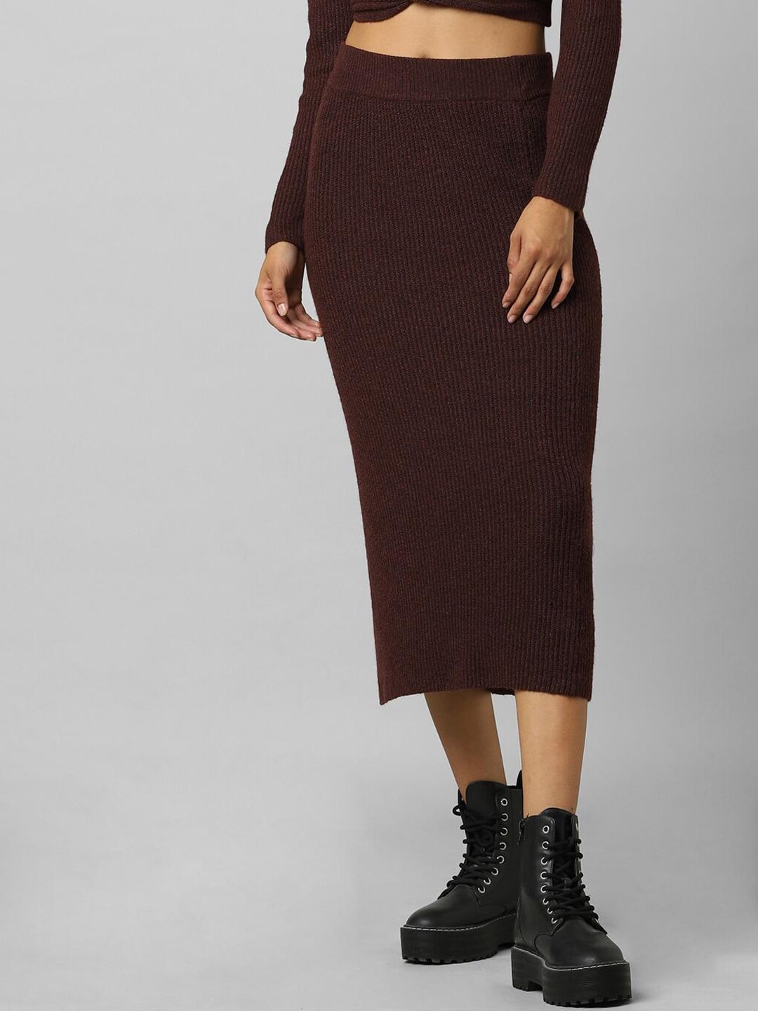 ONLY Women Burgundy Solid Pencil Skirt