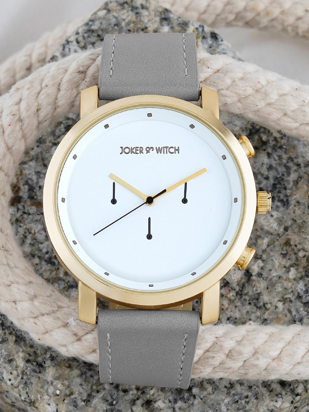 JOKER & WITCH Men White Embellished Dial & Grey Leather Bracelet Style Straps Analogue Watch