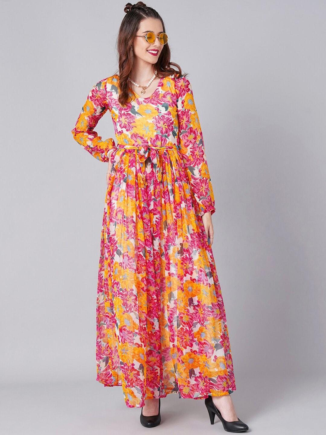 cation-women-yellow-&-pink-floral-chiffon-maxi-dress