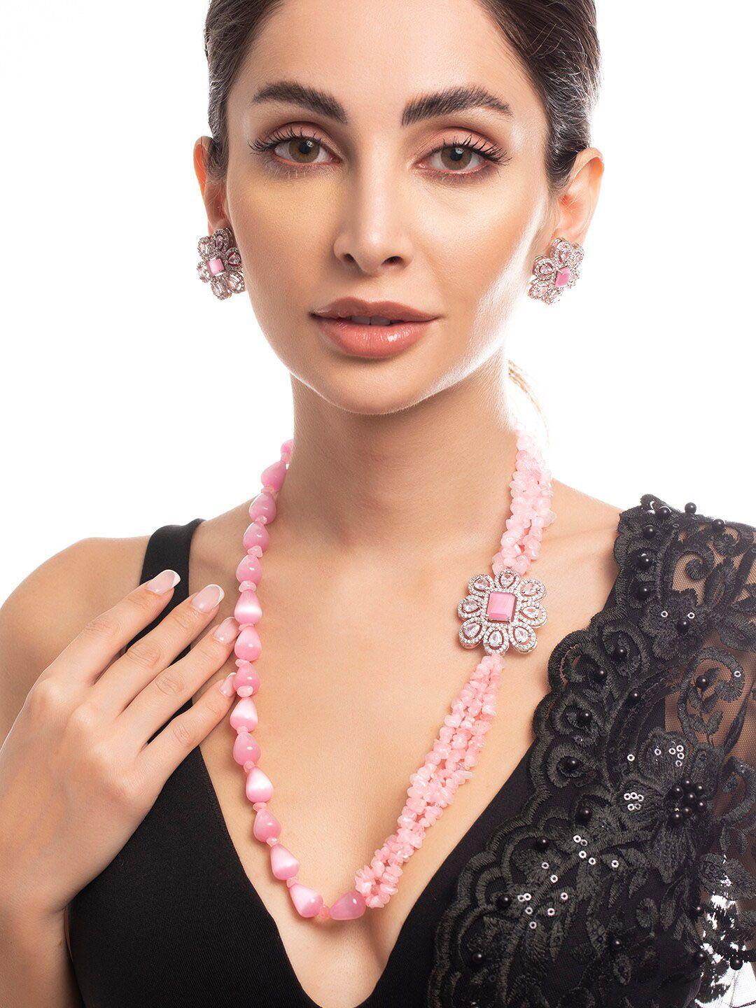 Rubans Silver Plated Pink Beads & AD Studded Jewellery Set