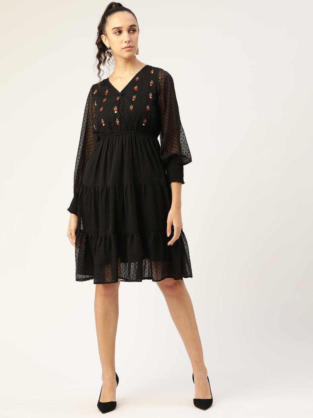 antheaa-black-dobby-weave-tiered-a-line-dress