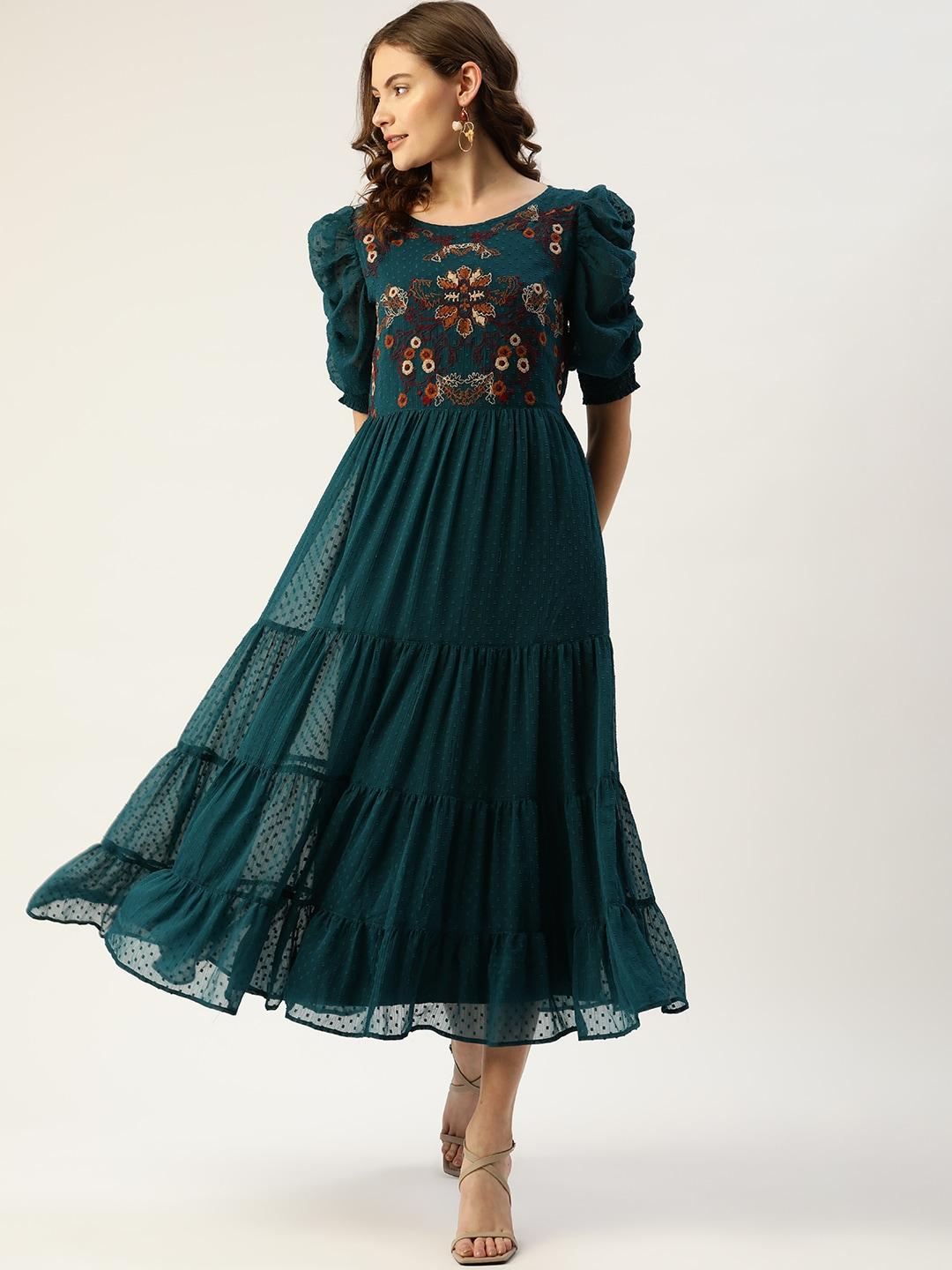 Antheaa Teal Green & Brown Floral Dobby Woven Embellished Maxi Tiered Dress