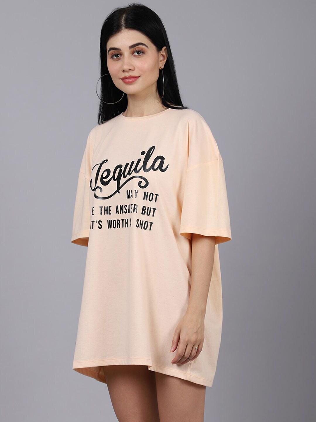 DOOR74 Women Pink Typography Printed Drop-Shoulder Sleeves Loose T-shirt