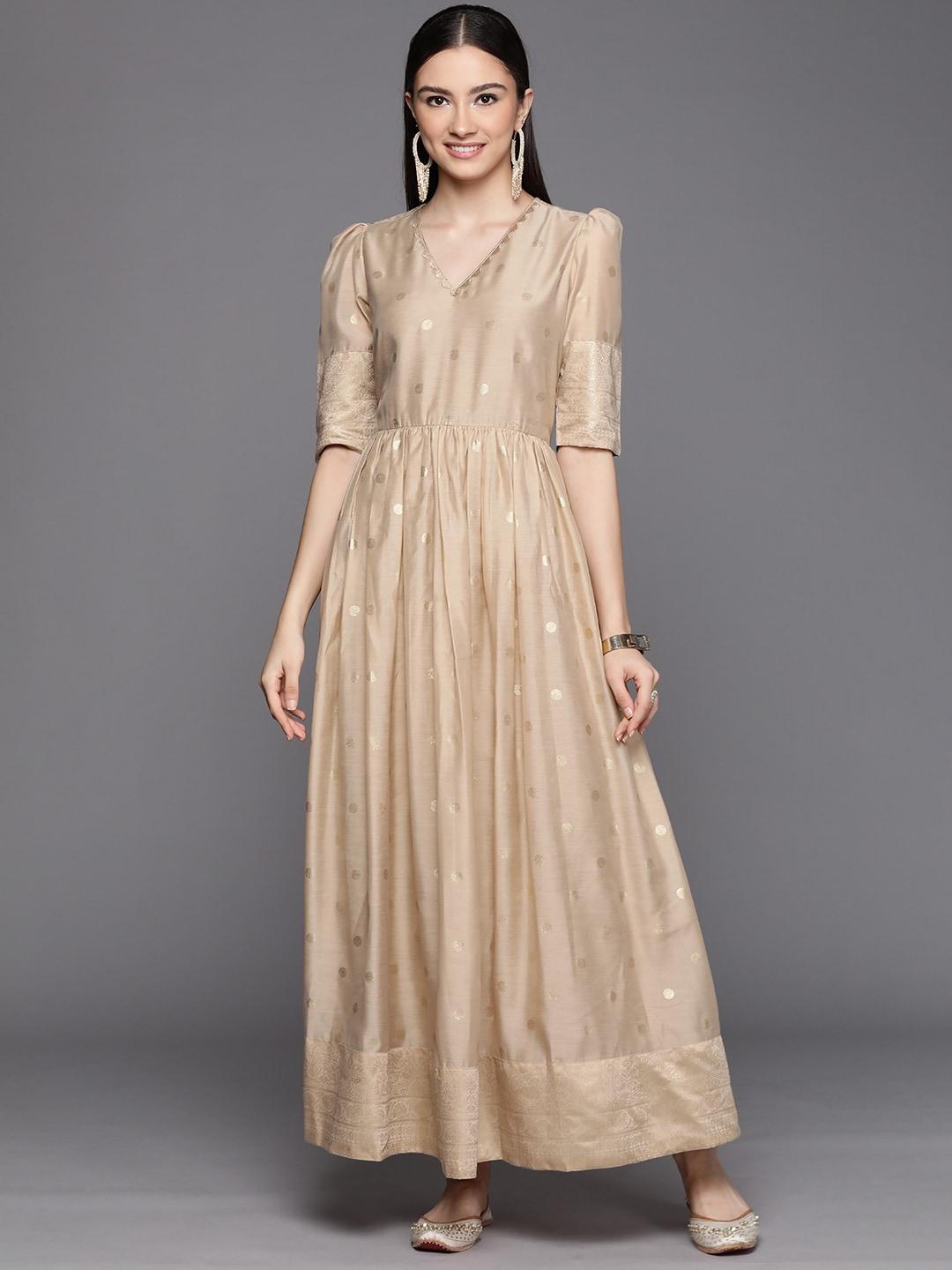 Ahalyaa Women Beige & Golden Polka Dots Print A-line Maxi Dress
