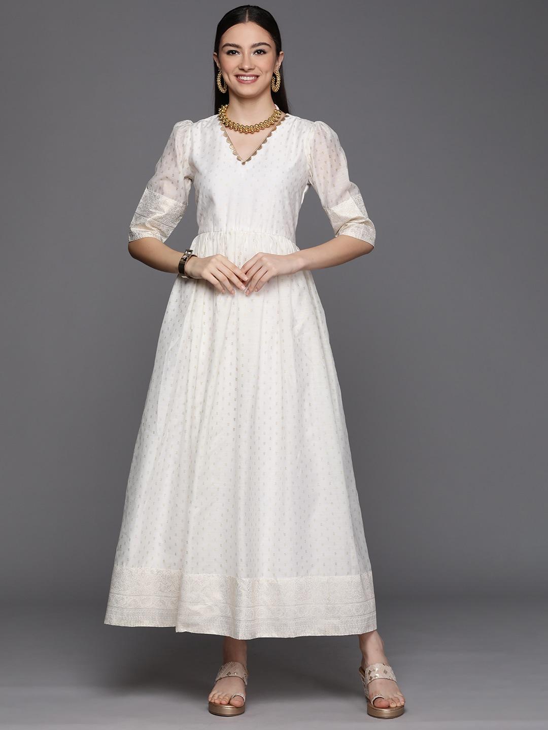 Ahalyaa Women Off-White & Golden Polka Dots Print A-line Maxi Dress