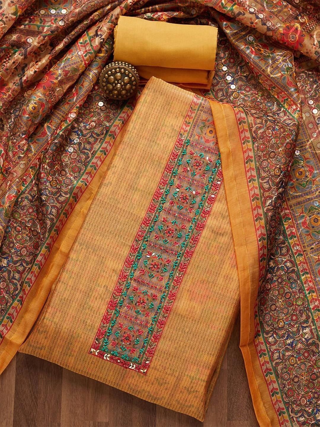 Koskii Mustard Yellow & Red Embroidered Art Silk Unstitched Dress Material