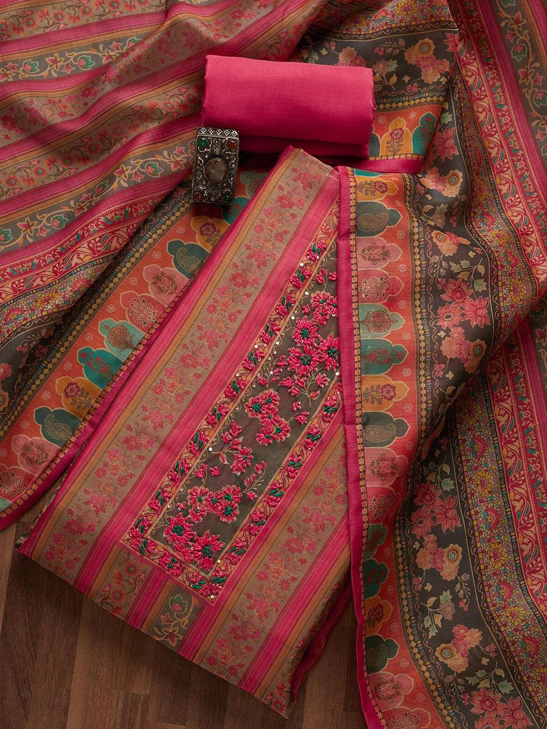 Koskii Pink & Green Embroidered Art Silk Unstitched Dress Material