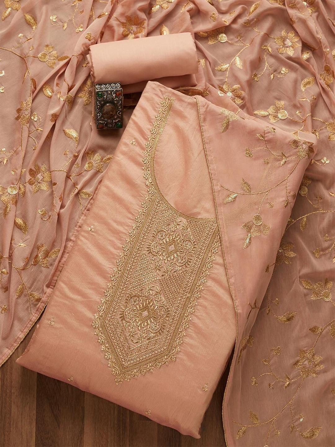Koskii Pink & Gold-Toned Embroidered Art Silk Zari Chanderi Unstitched Dress Material
