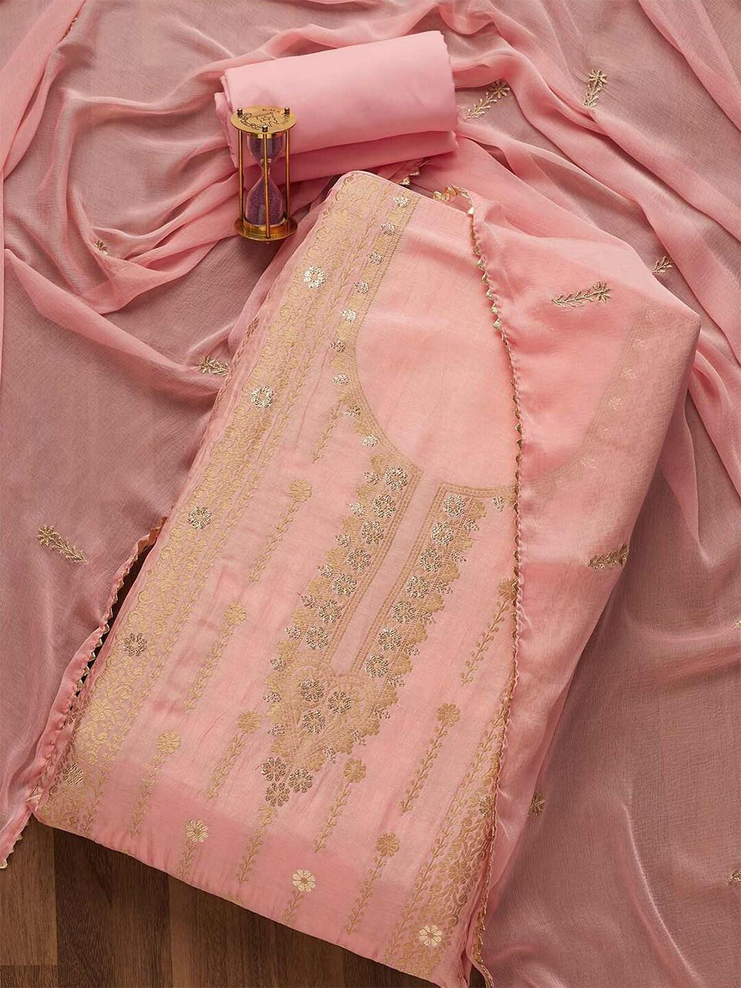 Koskii Pink Printed Zari Unstitched Dress Material