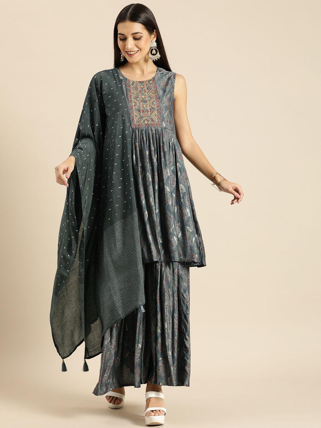 Anouk Women Grey Ethnic Motifs Yoke Design Chanderi Silk Kurta with Sharara & With Dupatta