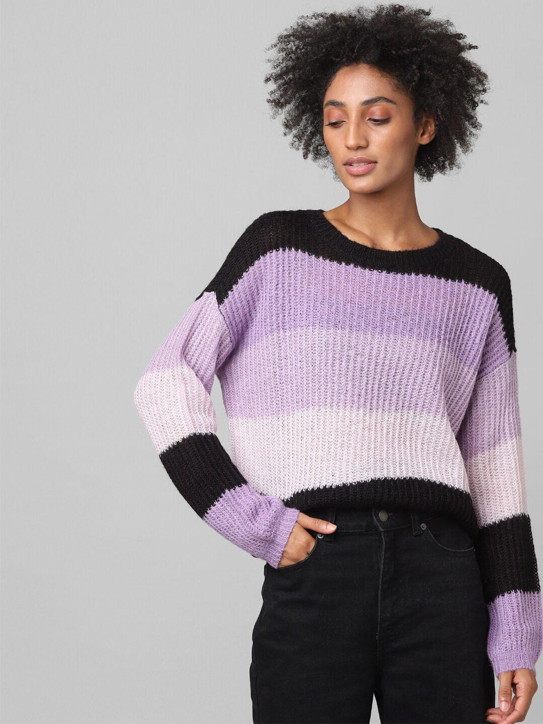 only-women-purple-&-black-striped-colourblocked-pullover