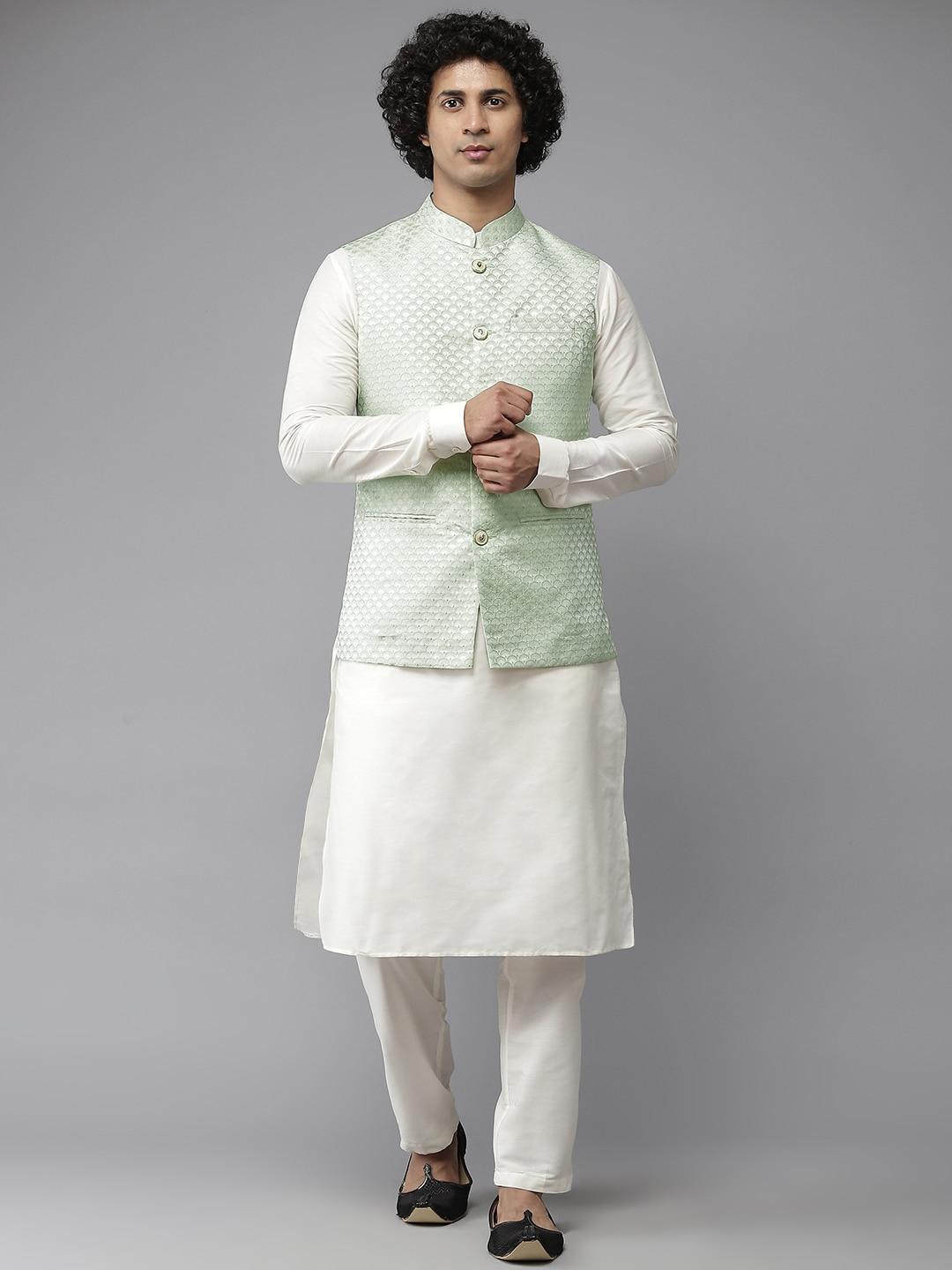 see-designs-men-white-&-green-solid-pure-silk-kurta-with-pyjamas-&-nehru-jacket