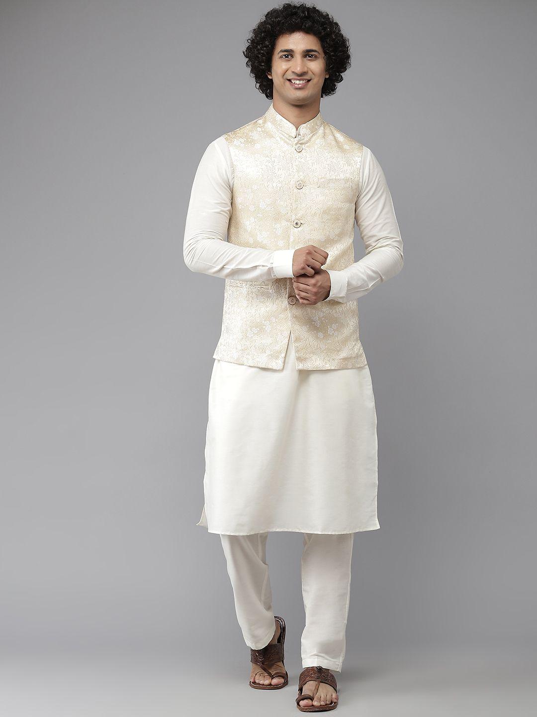 See Designs Men White & Golden Solid Pure Silk Kurta with Pyjamas & Nehru Jacket