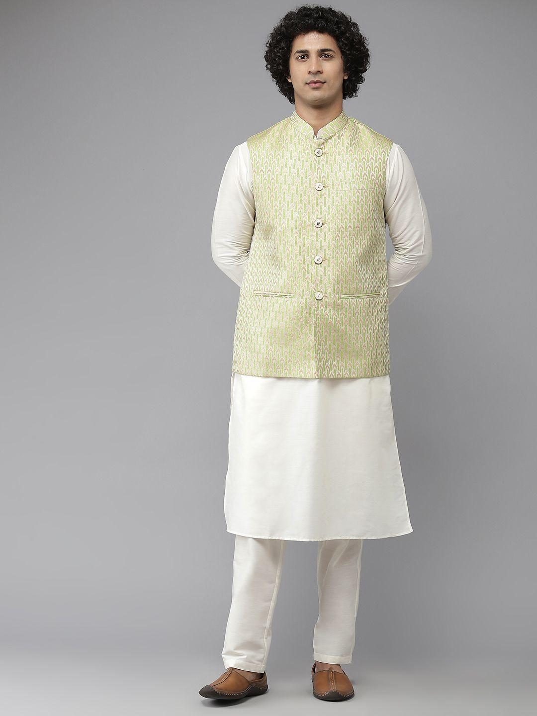 See Designs Men White & Green Solid Pure Silk Kurta with Pyjamas With Nehru Jacket