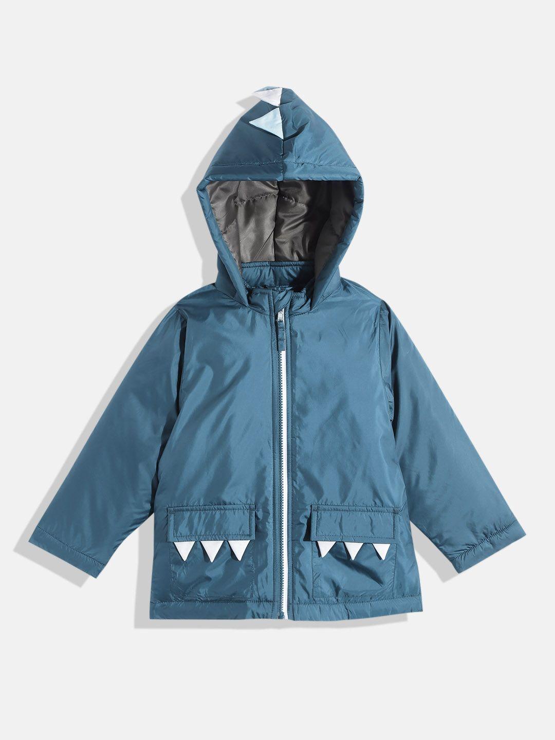 Killer Boys Teal Blue & White Solid Hooded Padded Jacket with Applique Oversized Pockets