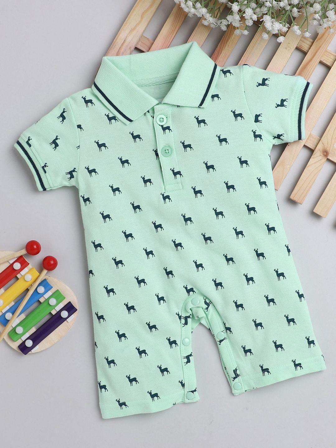 bumzee-infants-boys-green-&-navy-blue-printed-pure-cotton-rompers