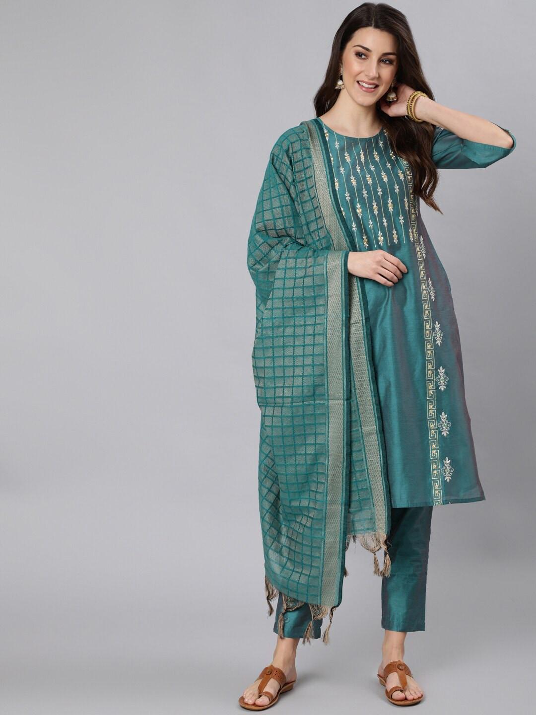 Jaipur Kurti Women Green Floral Embroidered Chanderi Cotton Kurta with Trousers & With Dupatta