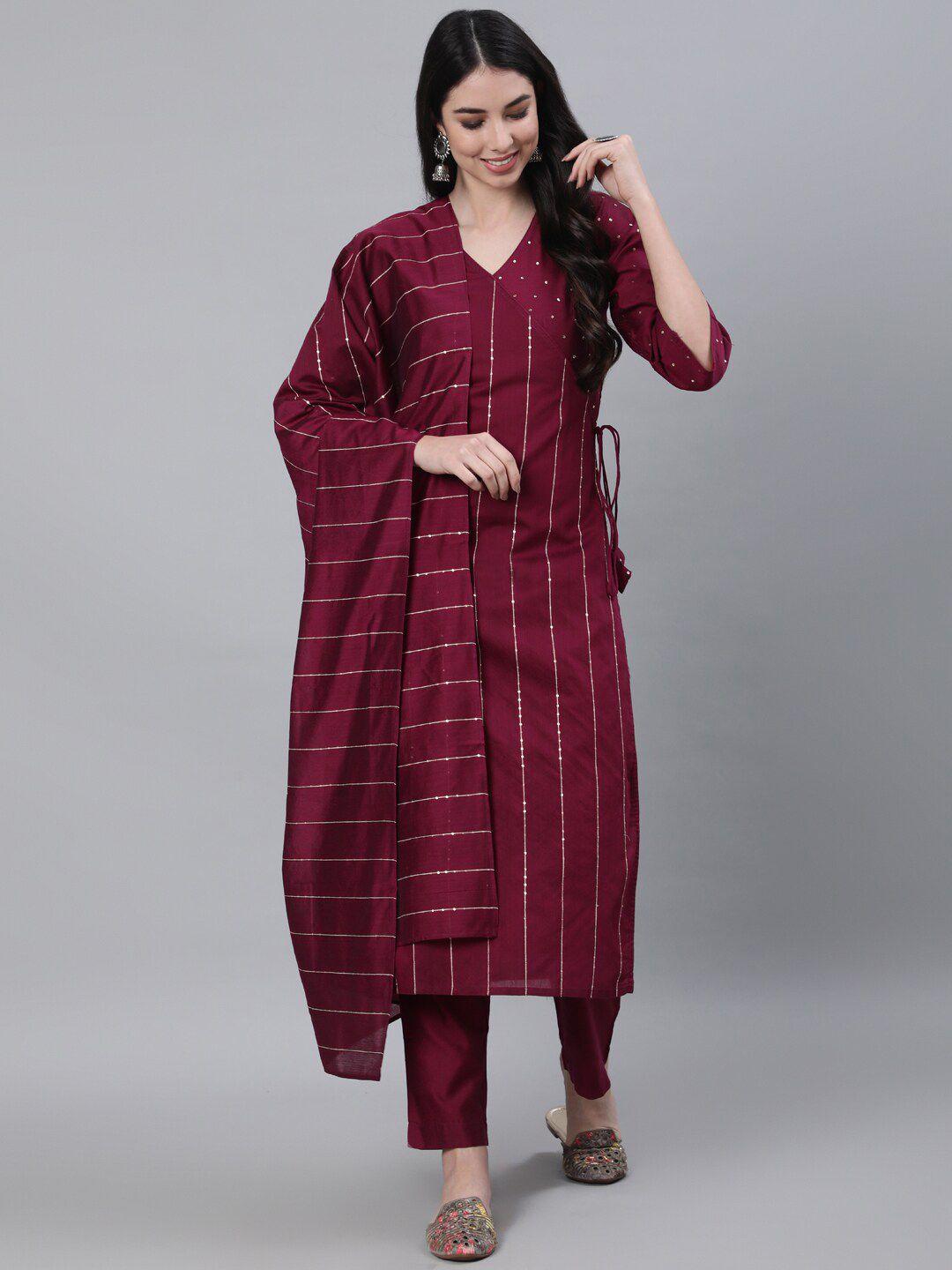 Jaipur Kurti Women Burgundy Striped Chanderi Silk Kurta with Trousers & With Dupatta
