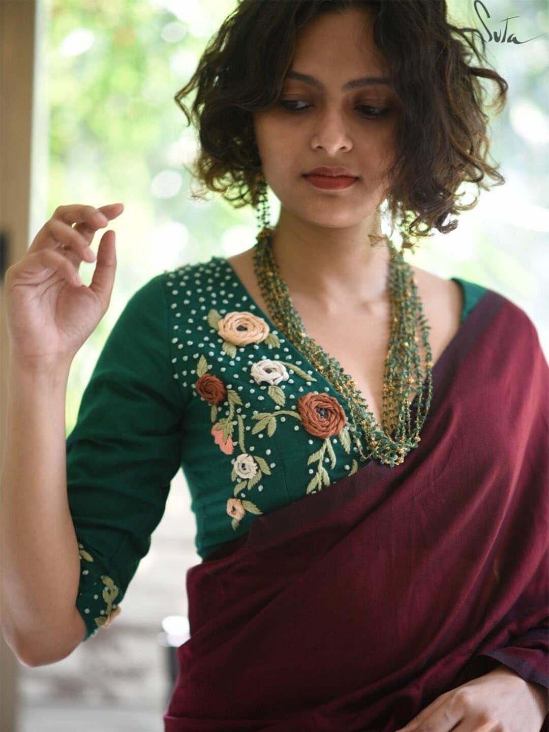 Suta Green Embroidered Cotton Saree Blouse