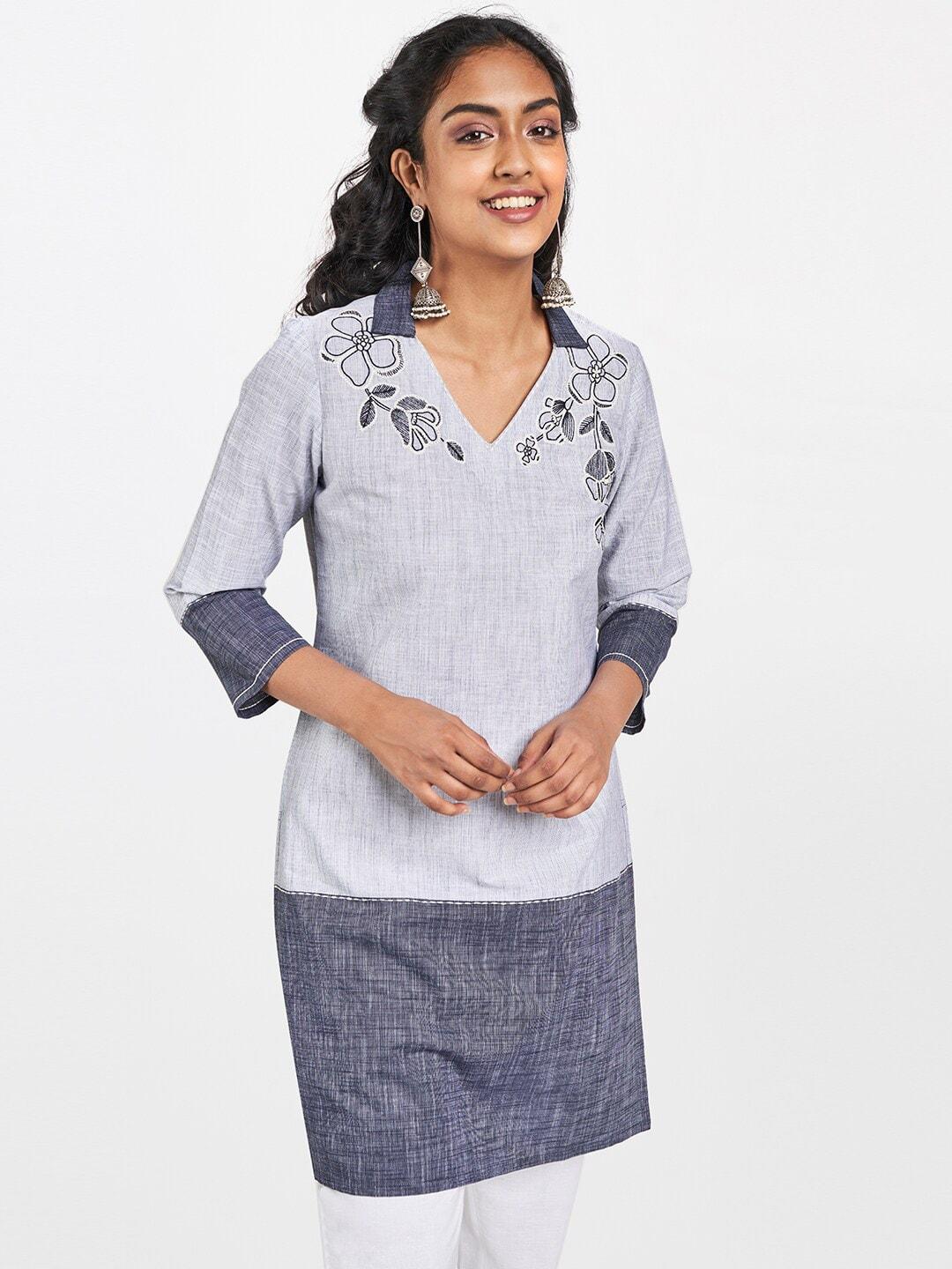 Global Desi Grey Embroidered Pure Cotton Tunic