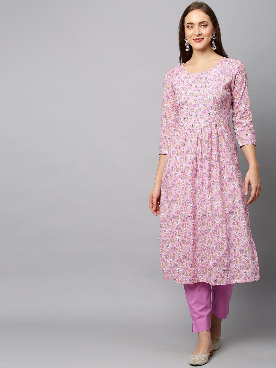 fashor-women-pink-ethnic-motifs-printed-empire-mirror-work-pure-cotton-kurta-with-trousers