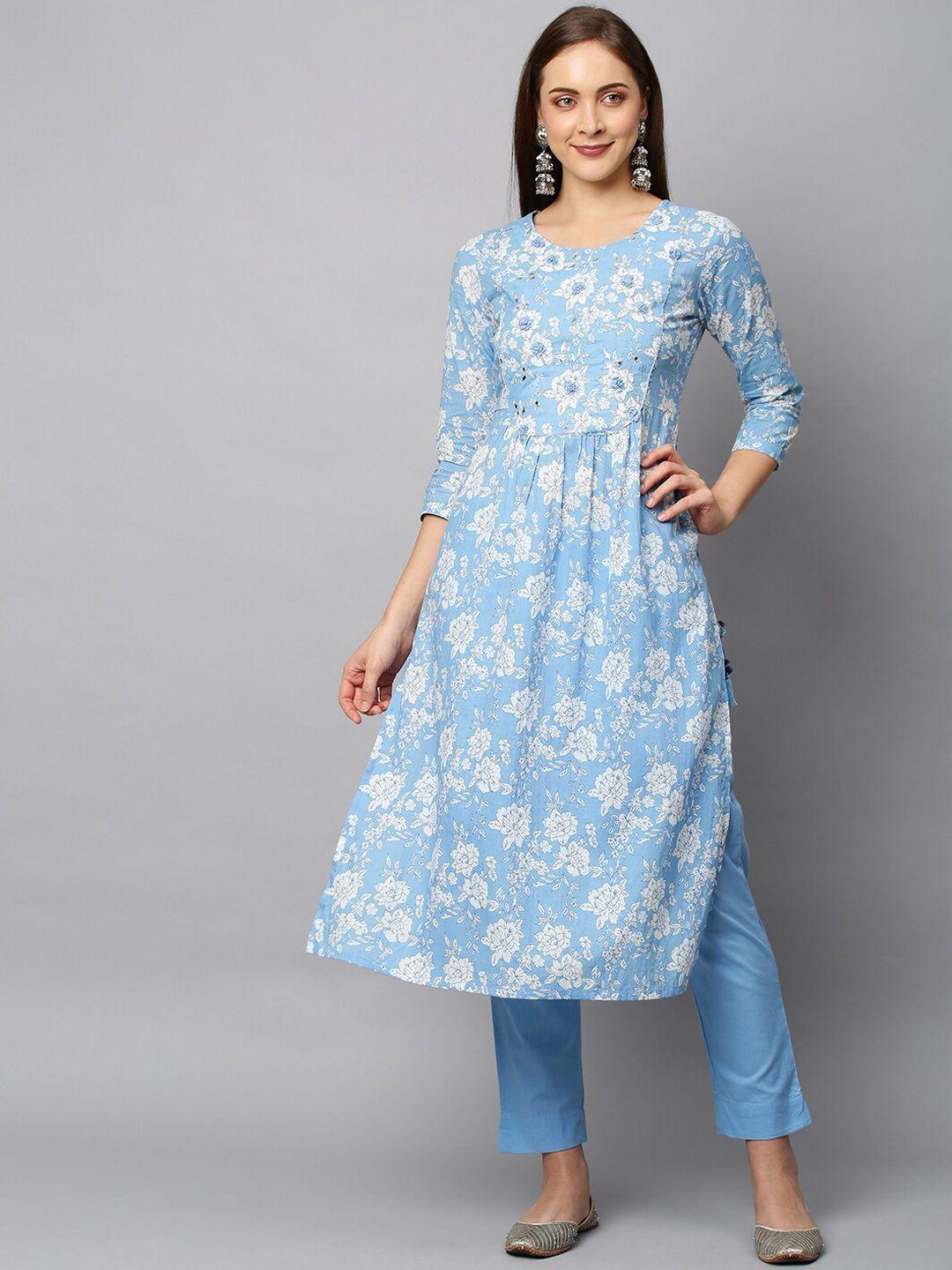 FASHOR Women Blue Floral Printed Pure Cotton Kurta with Trouser