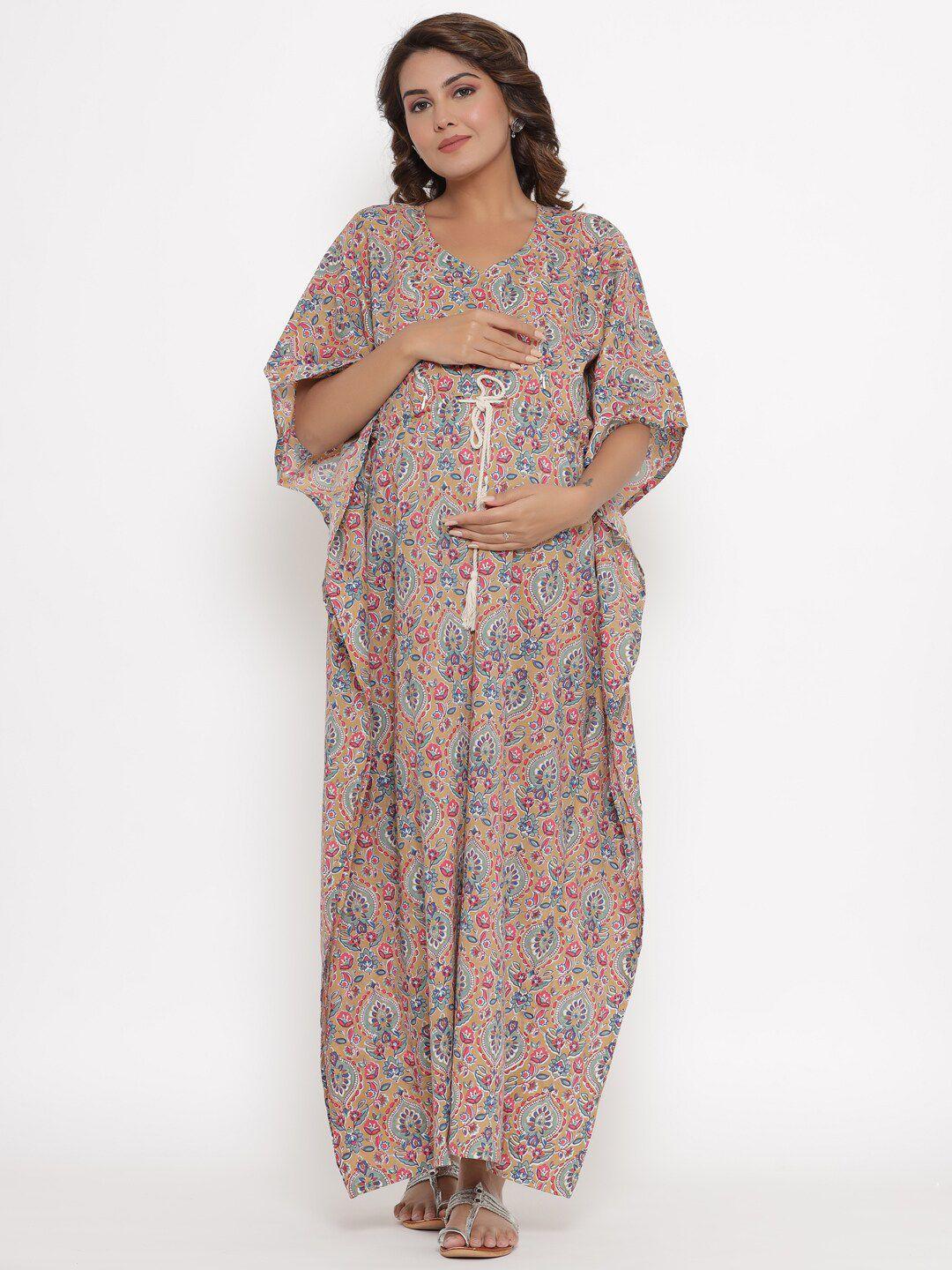 Ikk Kudi by Seerat Brown Printed Pure Cotton Maternity & Nursing Kaftan Maxi Nightdress