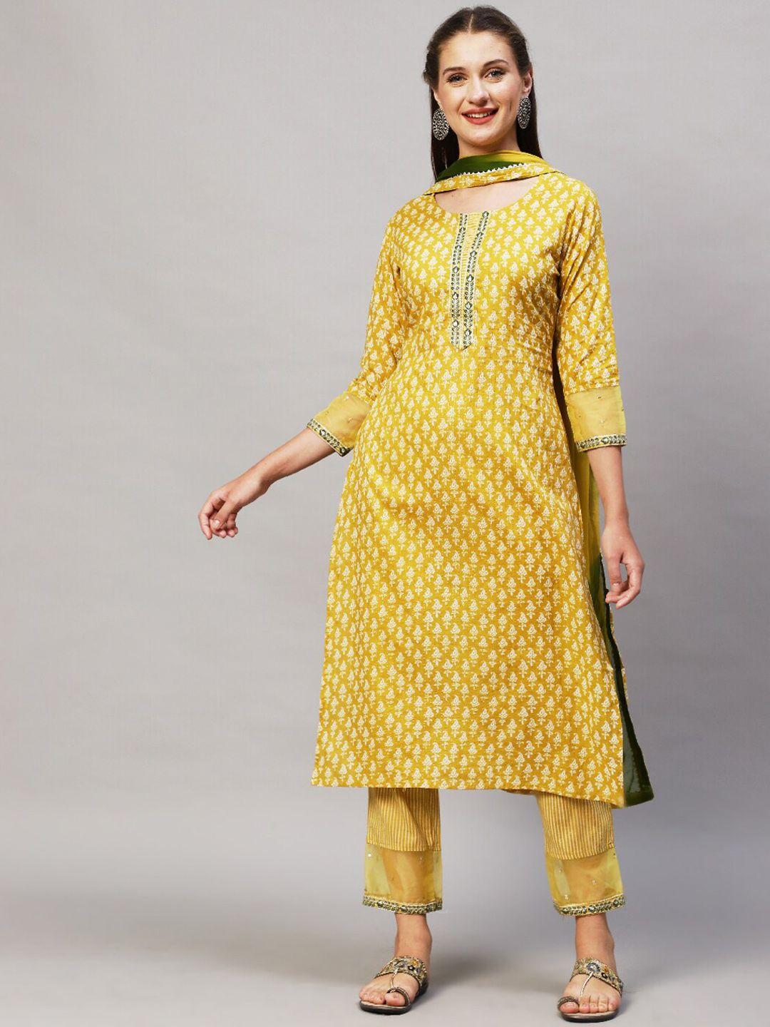 FASHOR Women Yellow  Printed & Embroidered Pure Cotton Kurta with Trousers & With Dupatta