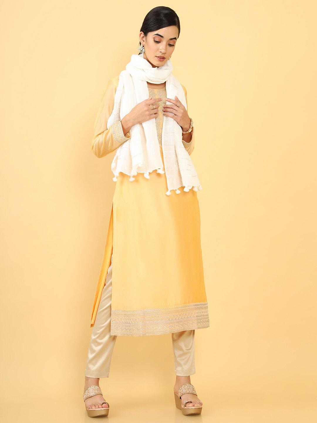 Soch Off White Embroidered Linen Dupatta with Sequinned