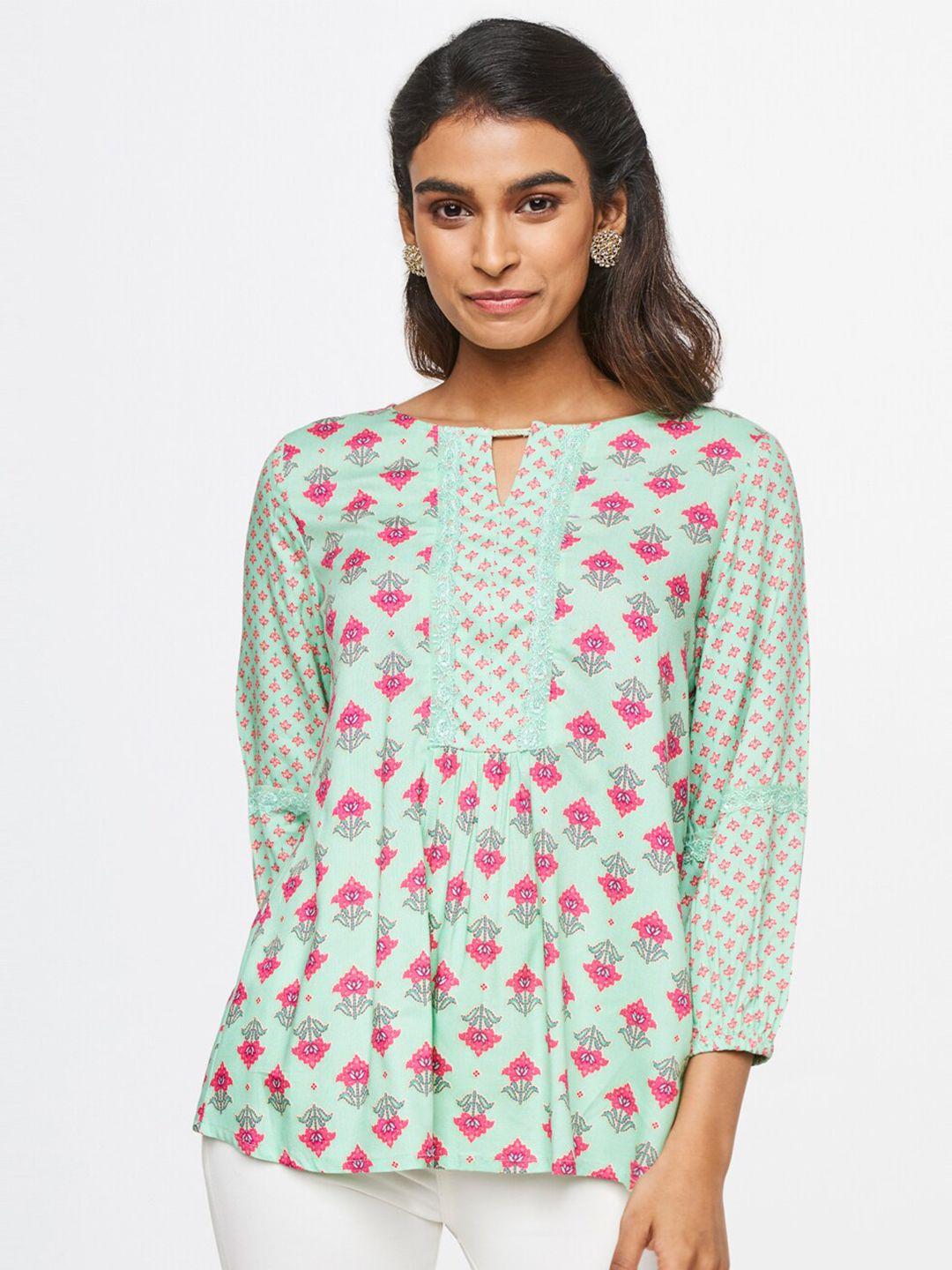 global-desi-women-green-&-pink-printed-rayon-top