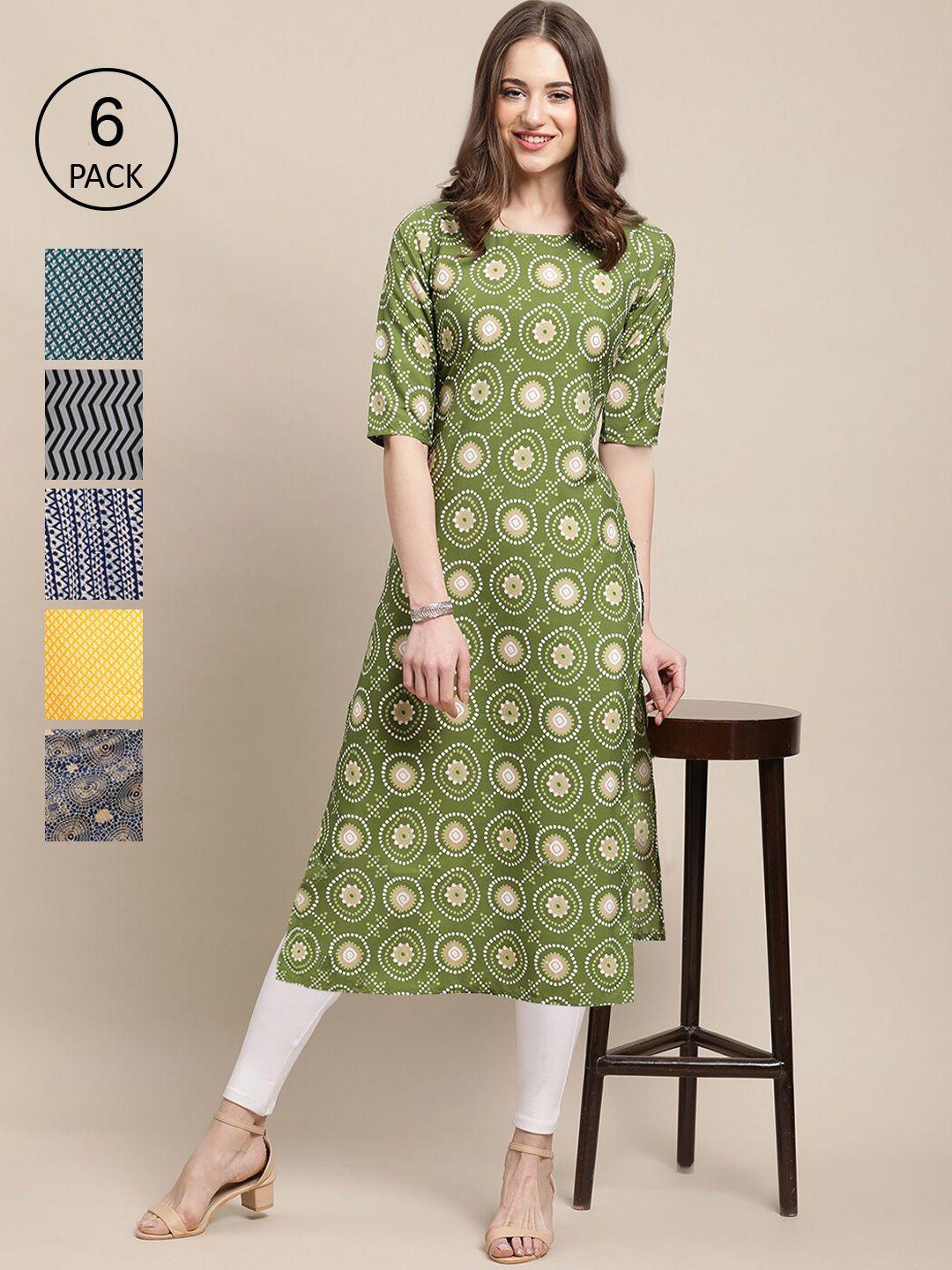 1-stop-fashion-women-green-&-navy-blue-geometric-striped-summer-sheers-crepe-kurta