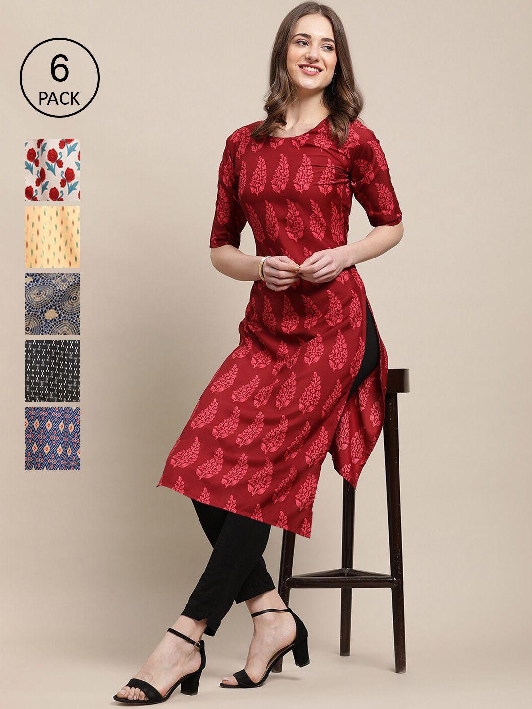 1-stop-fashion-women-pack-of-6-red-&-off-white-ethnic-motifs-printed-crepe-kurta