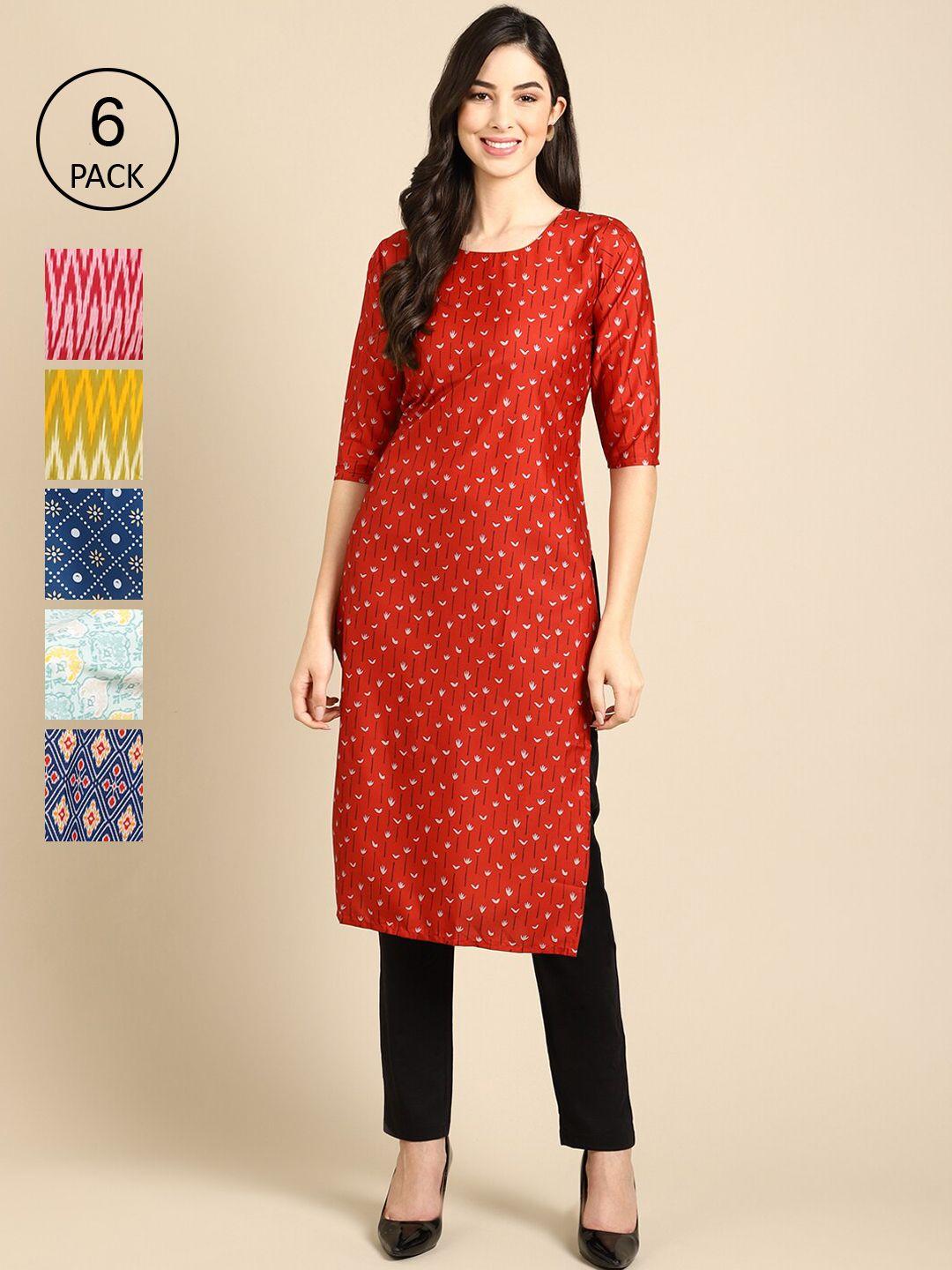 1-stop-fashion-women-pack-of-6-red-&-blue-geometric-printed-block-print-crepe-kurta