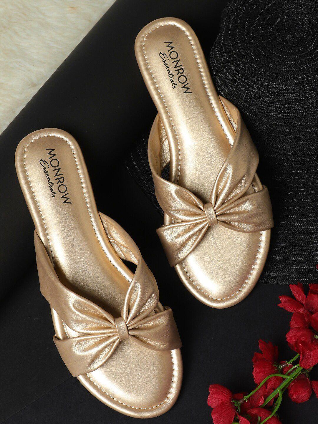 Monrow Women Gold-Toned Ethnic Open Toe Flats with Bows