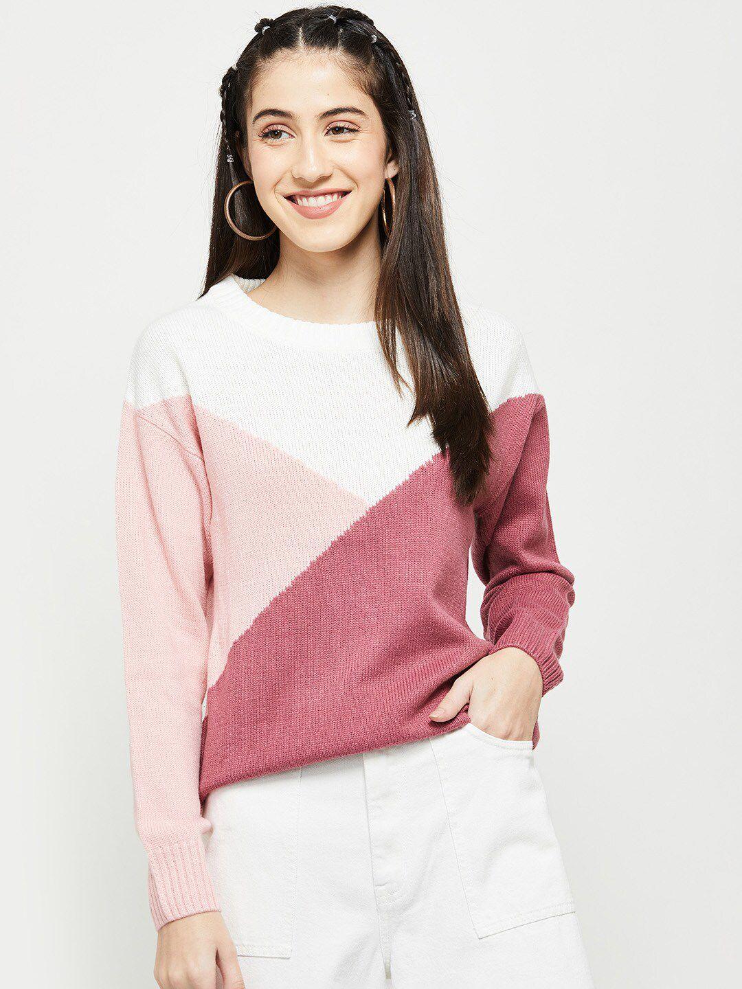max-women-pink-&-white-colourblocked-pullover