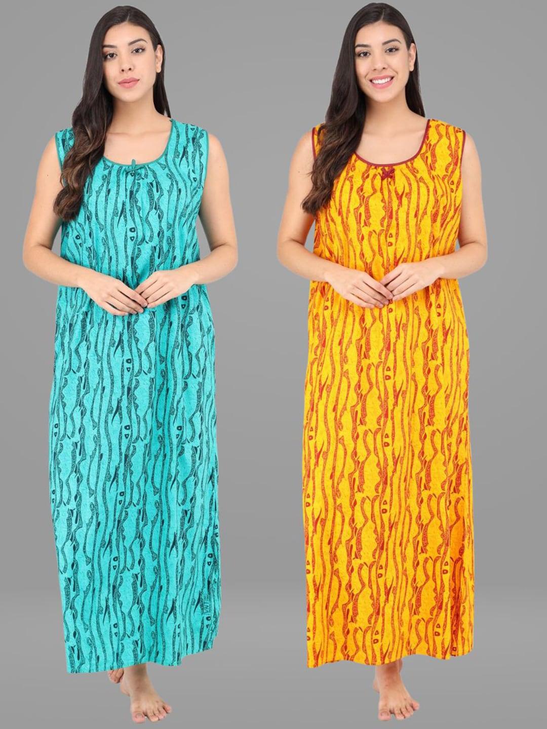 Shararat Women Set Of 2 Turquoise Blue & Yellow Abstract Printed Maxi Nightdresses