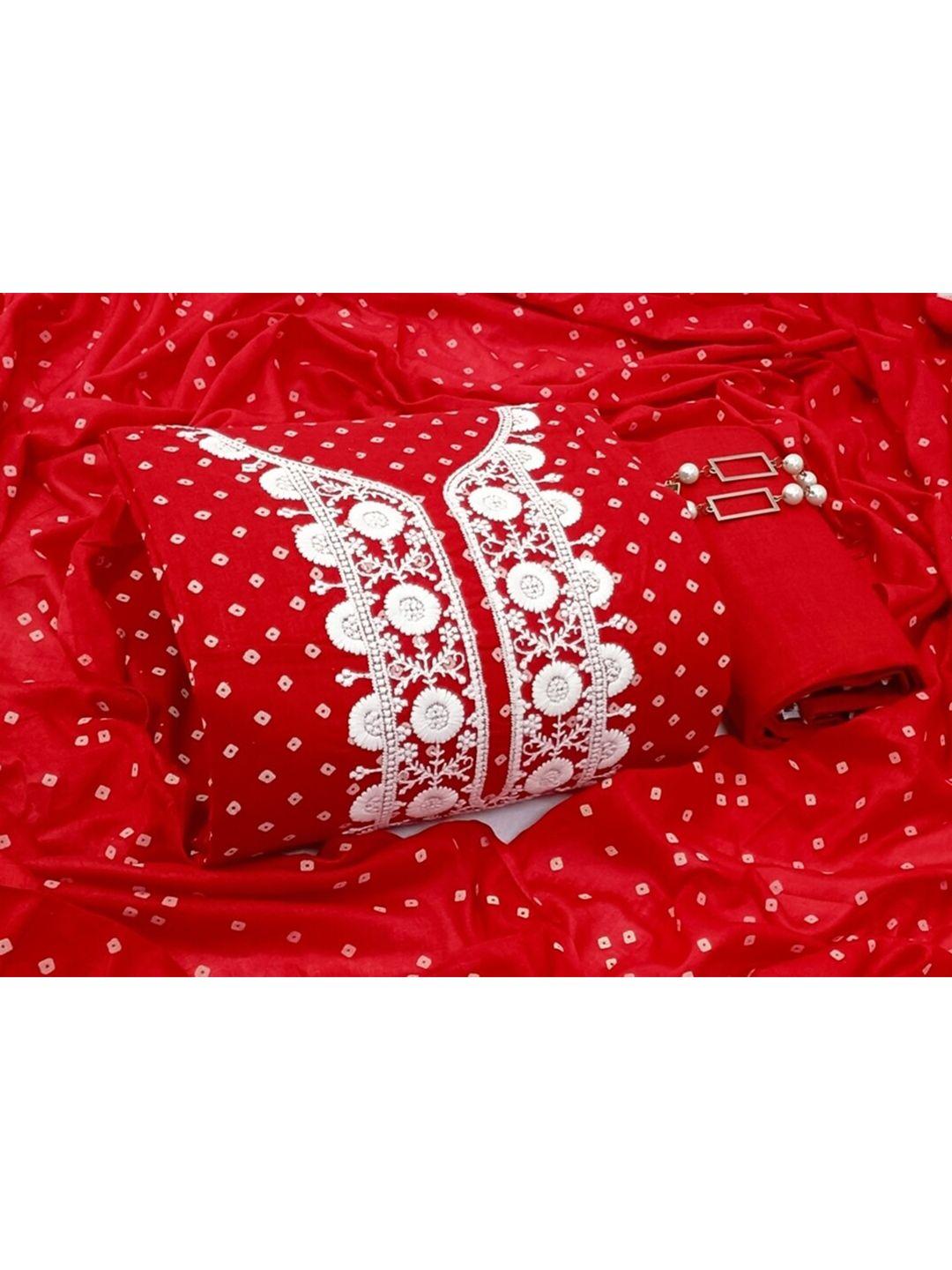 SALWAR STUDIO Women Red & White Printed Pure Cotton Unstitched Dress Material