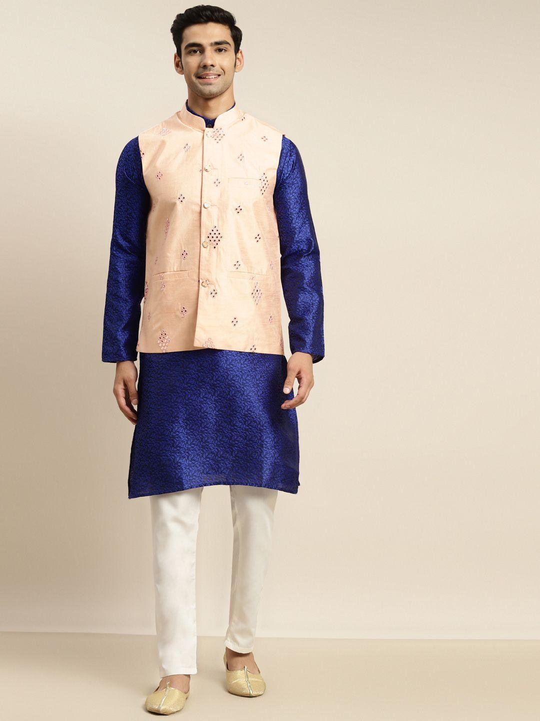 sojanya-men-blue-floral-embroidered-mirror-work-kurta-with-churidar-&-nehru-jacket