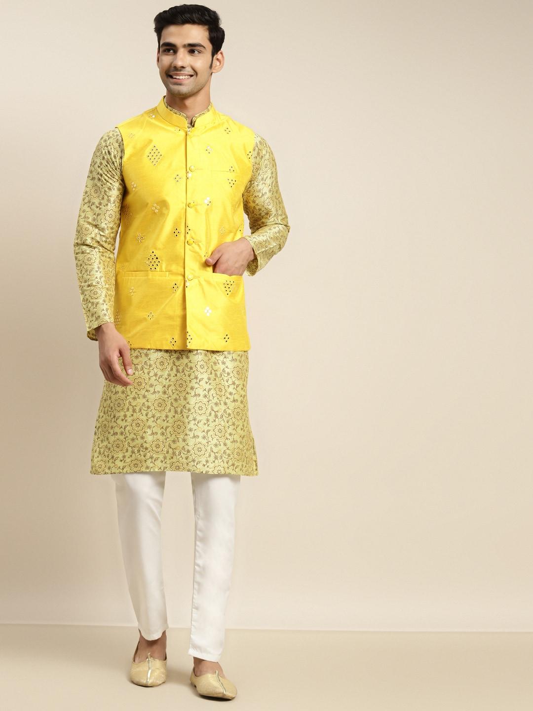 sojanya-men-lime-green-ethnic-motifs-printed-kurta-&-churidar-comes-with-a-nehru-jacket