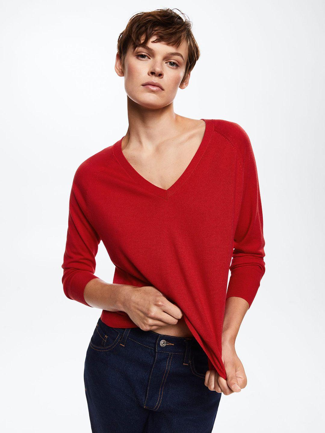 mango-women-red-v-neck-knitted-pullover