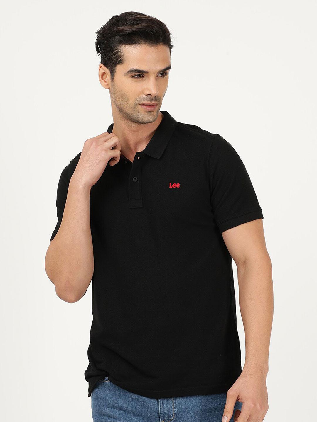 Lee Men Black Polo Collar Slim Fit T-shirt