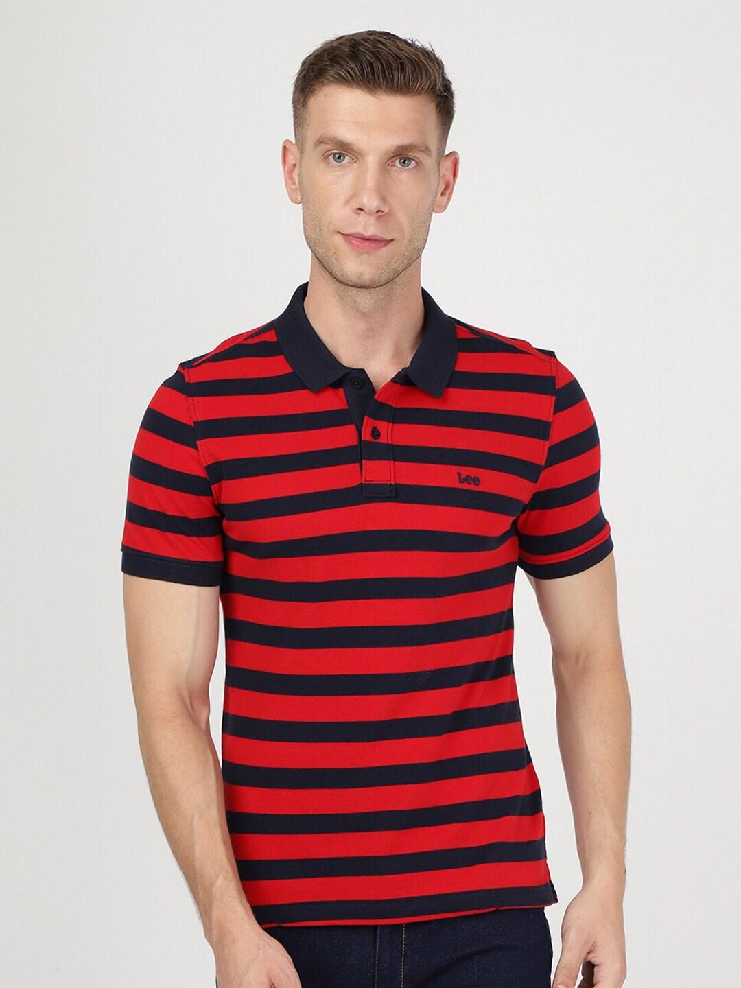 Lee Men Blue & Red Striped Polo Collar Slim Fit T-shirt