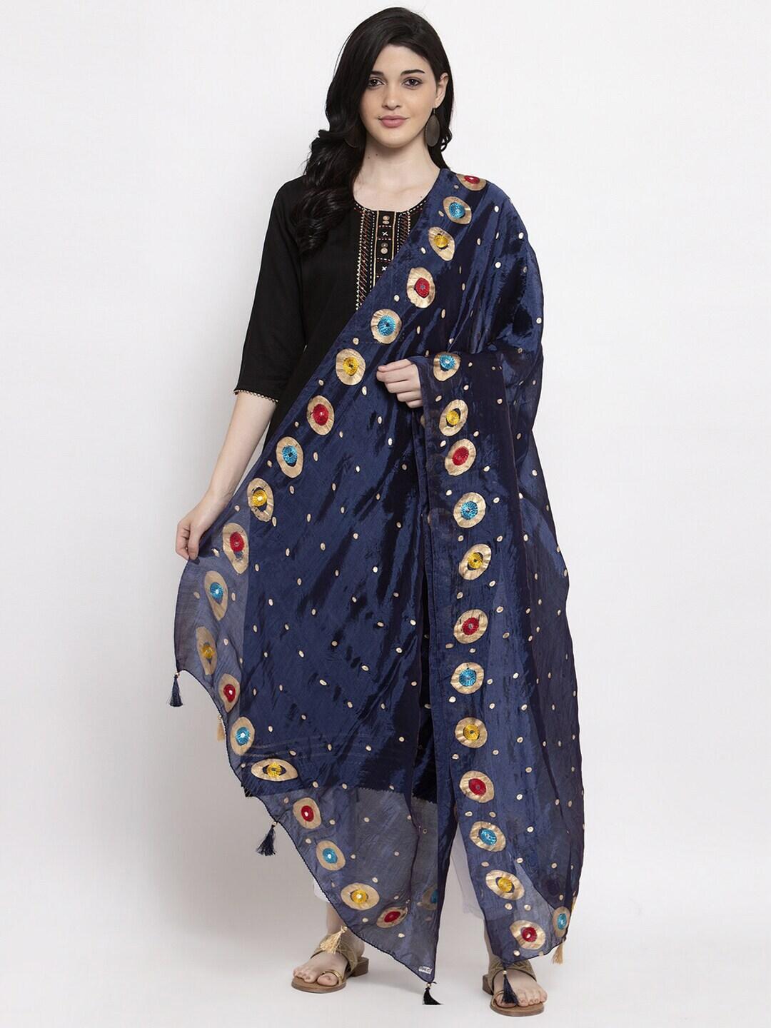Clora Creation Navy Blue & Gold-Toned Printed Dupatta with Mirror Work