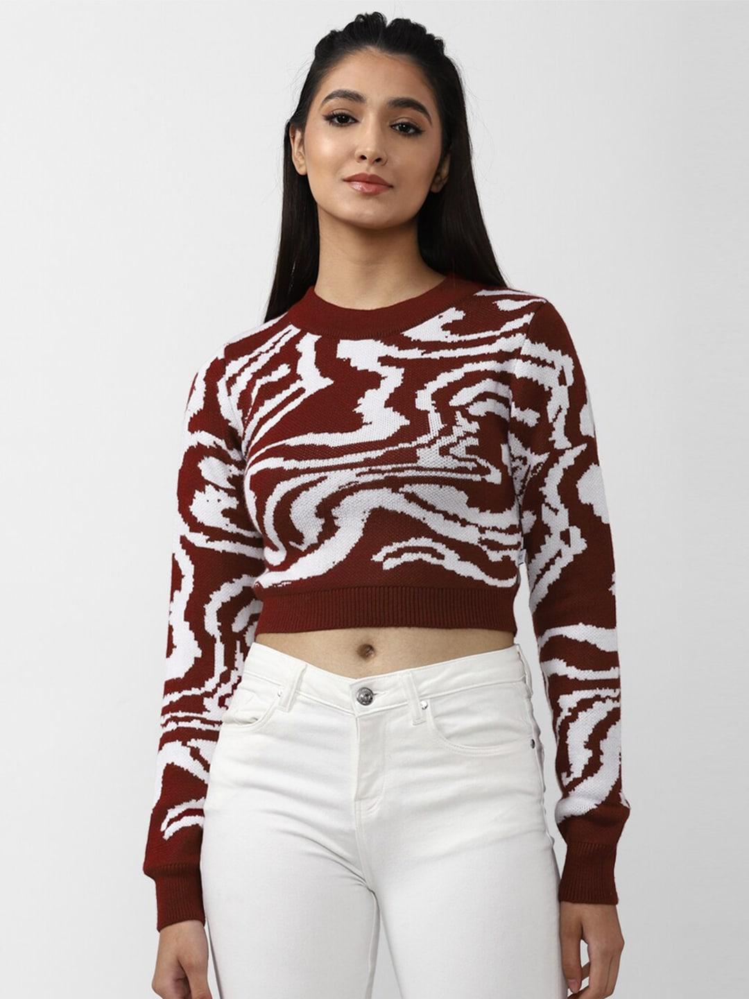 FOREVER 21 Women Maroon & White Crop Pullover Sweater