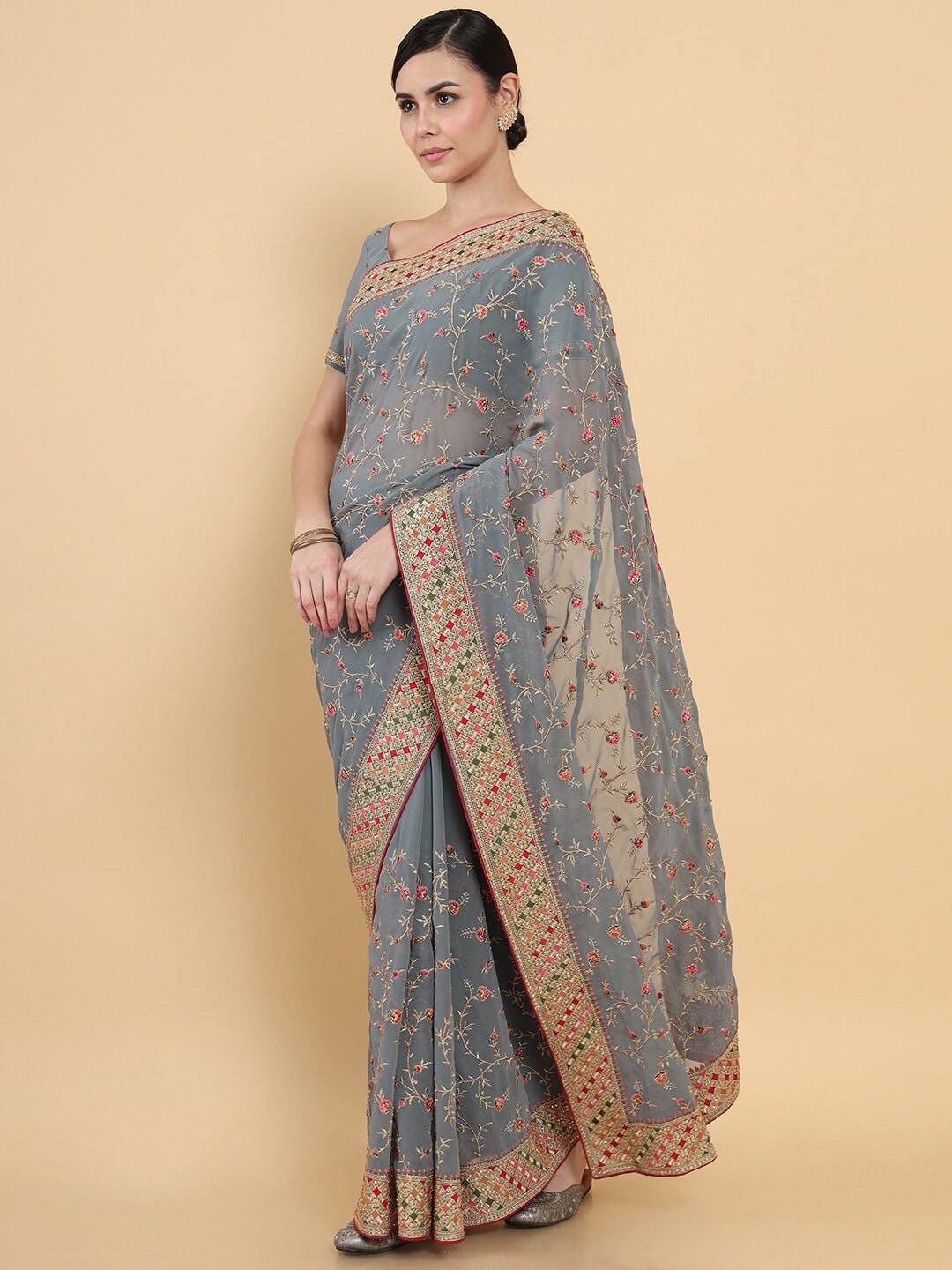 Soch Grey & Red Floral Embroidered Pure Georgette Saree