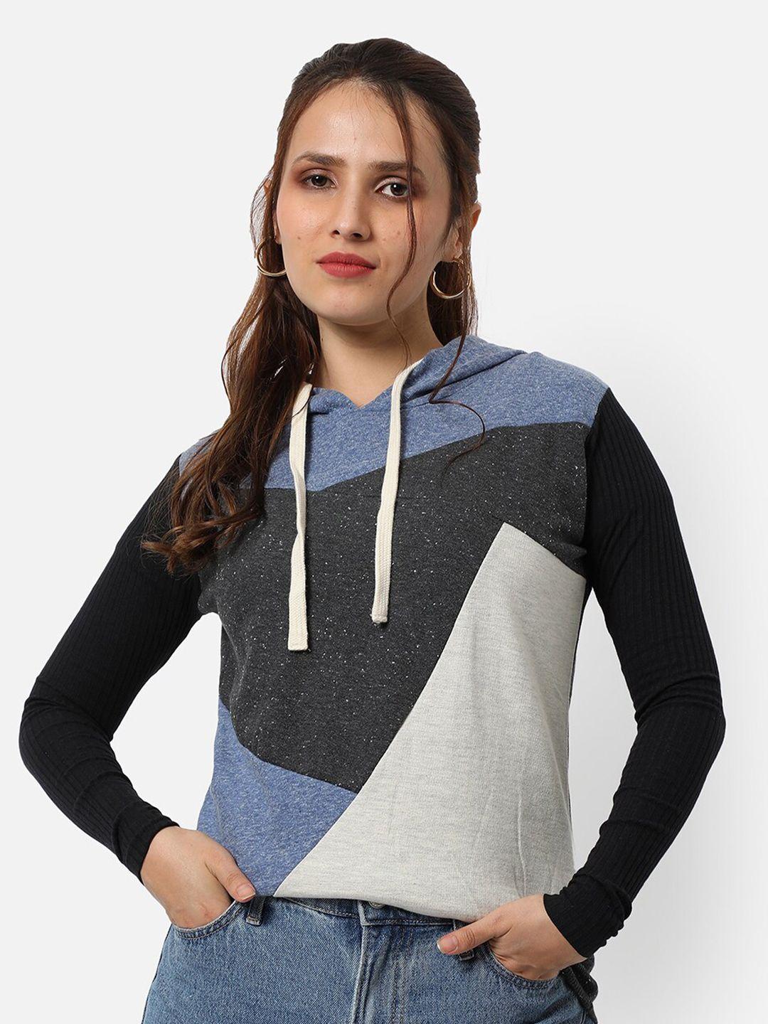 Campus Sutra Women Blue & Grey Colourblocked Hooded Sweatshirt