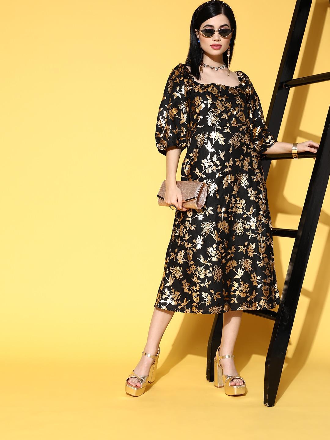 Anouk Women Black & Golden Floral Printed A-Line Midi Dress